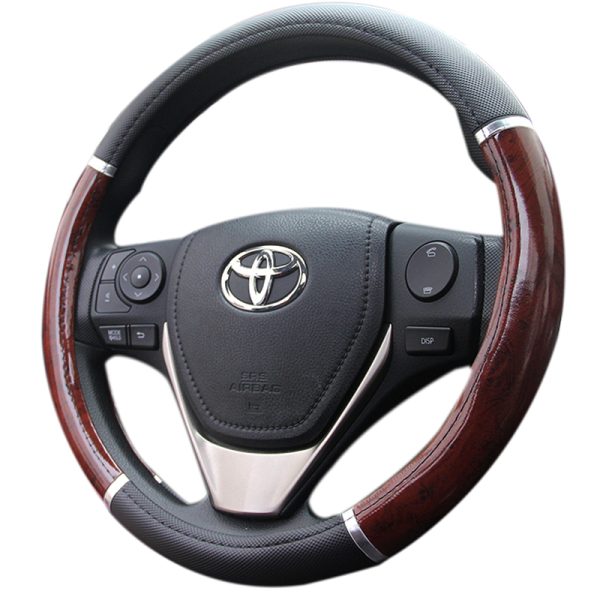 Wooden grain steering wheel cover with black leather grip, universal fit