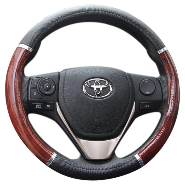 Wooden car steering wheel cover with textured leather grip, front view
