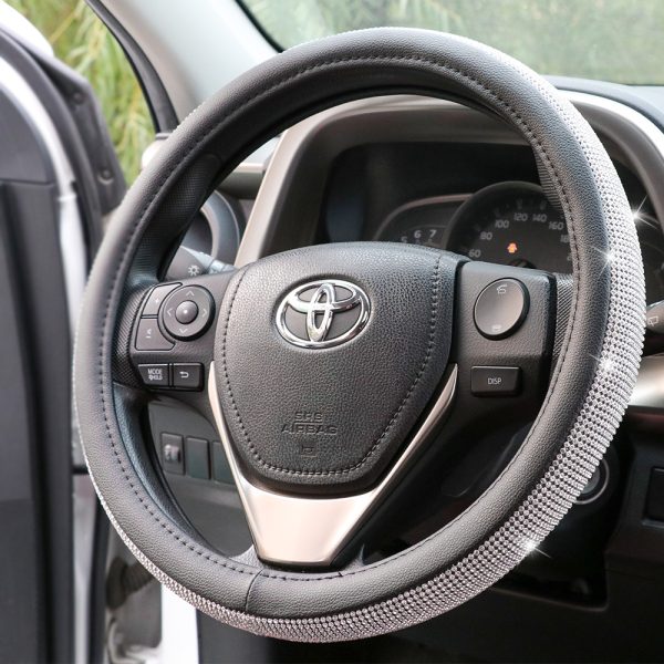 PU leather steering wheel cover with sparkling rhinestone design