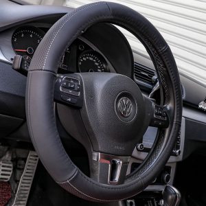 Front view of a steering wheel with a premium black leather cover