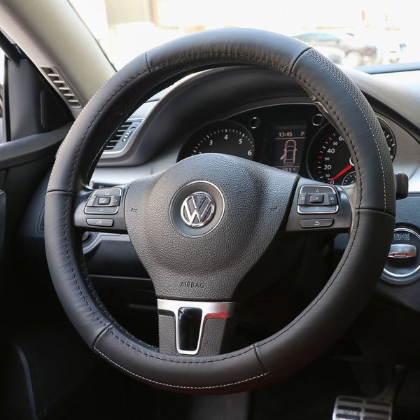 Side view of premium leather steering wheel cover in car interior