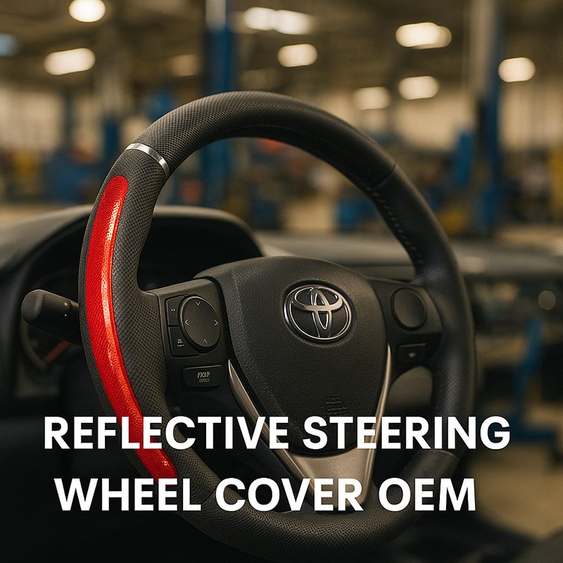 Reflective Steering Wheel Cover OEM installed on car steering wheel with red reflective strip and blurred workshop background
