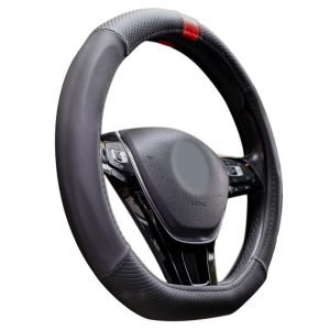Angled view of flat bottom sport steering wheel cover 80626 showing its 3D profile and textured panels