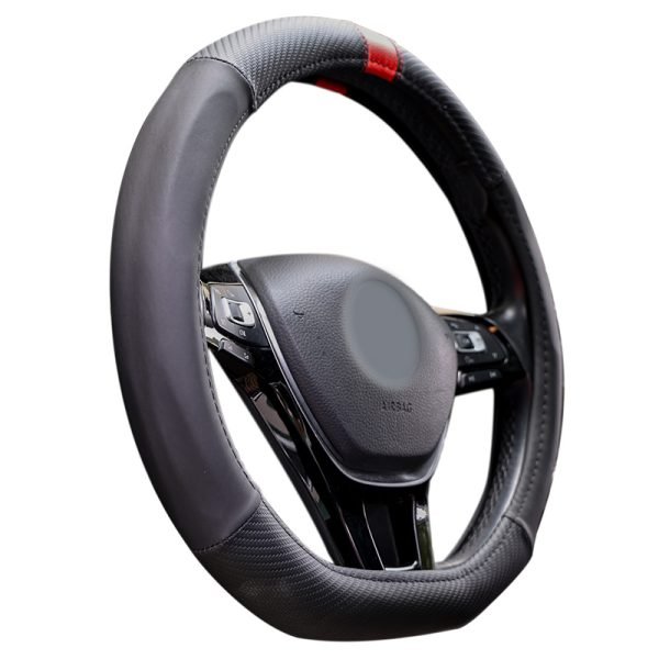 Angled view of flat bottom sport steering wheel cover 80626 showing its 3D profile and textured panels