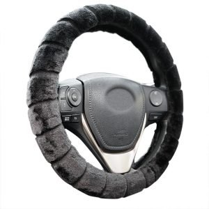 Front view of a short plush steering wheel cover with segmented panels on a steering wheel